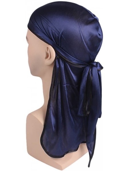 Skullies & Beanies Unisex Deluxe Silky Durag Long-Tail Cap India Muslim Stretch Head Scarf Wrap Turban 360 Waves Hat - Navy -...