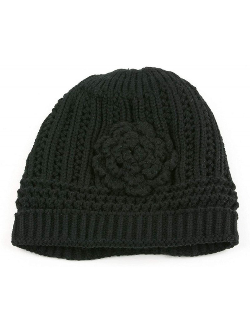 Skullies & Beanies Winter Knit Flower Beanie Hat 333HB - Black - CP11F8XRNLP $11.33