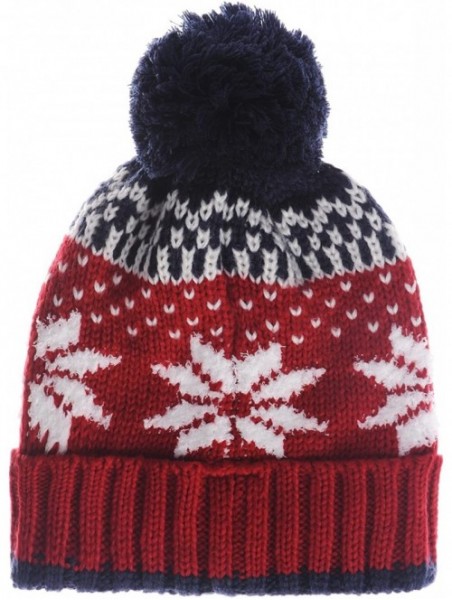 Skullies & Beanies Knit Fairs Isle Nordic Bobble Pom Beanie Hat CR5128 - Red - CJ128URG8Y3 $21.44