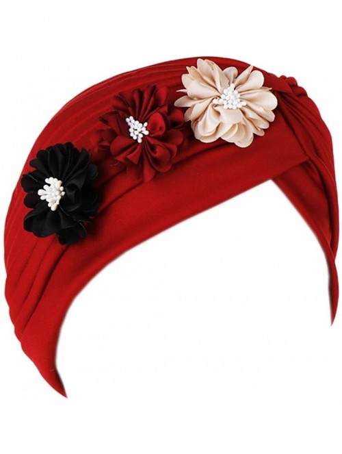 Skullies & Beanies Shiny Metallic Turban Cap Indian Pleated Headwrap Swami Hat Chemo Cap for Women - Wine Red Flower - CI18Z6...
