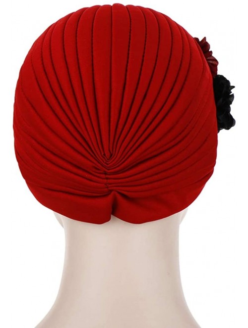 Skullies & Beanies Shiny Metallic Turban Cap Indian Pleated Headwrap Swami Hat Chemo Cap for Women - Wine Red Flower - CI18Z6...