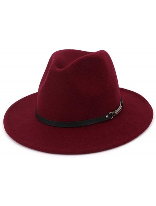 Fedoras Men & Women Classic Wide Brim Fedora Hat with Belt Buckle Wool Felt Panama Fedora M/L - A-claret Red - CY18A5USZ3I $1...