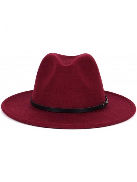 Fedoras Men & Women Classic Wide Brim Fedora Hat with Belt Buckle Wool Felt Panama Fedora M/L - A-claret Red - CY18A5USZ3I $1...