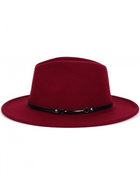 Fedoras Men & Women Classic Wide Brim Fedora Hat with Belt Buckle Wool Felt Panama Fedora M/L - A-claret Red - CY18A5USZ3I $1...