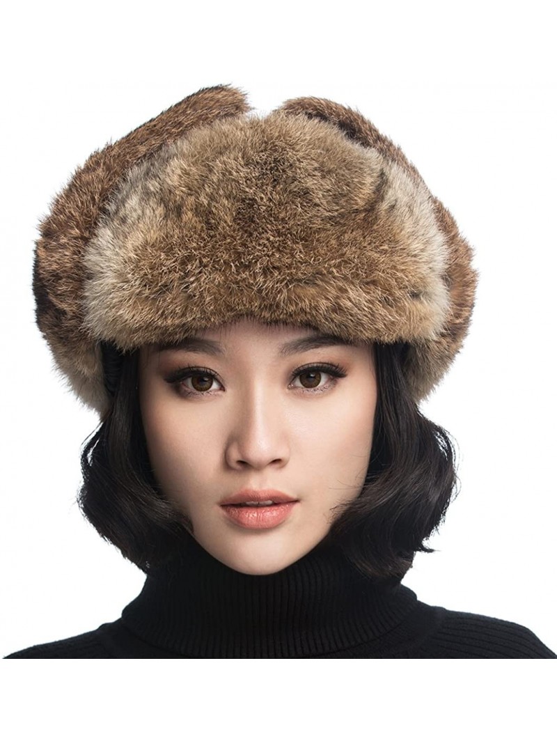 Bomber Hats Black Leather Rabbit Fur Aviator Hat - Black With Brwon Rabbit Fur - C7120I2OHDH $44.71