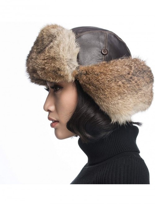 Bomber Hats Black Leather Rabbit Fur Aviator Hat - Black With Brwon Rabbit Fur - C7120I2OHDH $44.71