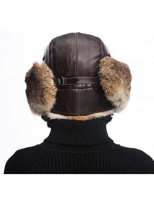 Bomber Hats Black Leather Rabbit Fur Aviator Hat - Black With Brwon Rabbit Fur - C7120I2OHDH $44.71