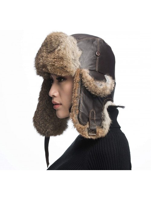 Bomber Hats Black Leather Rabbit Fur Aviator Hat - Black With Brwon Rabbit Fur - C7120I2OHDH $44.71