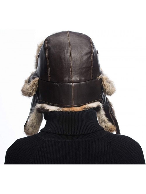 Bomber Hats Black Leather Rabbit Fur Aviator Hat - Black With Brwon Rabbit Fur - C7120I2OHDH $44.71