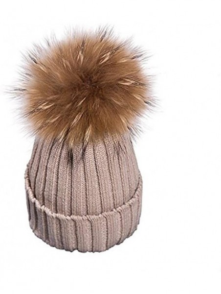 Skullies & Beanies Womens Girls Warm Winter Raccoon Fur Pom Pom Ball Knit Beanie Skull Hat - Khaki - CI188TR95O2 $14.19