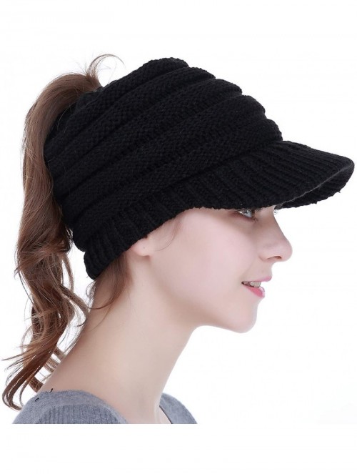 Skullies & Beanies Visor Brim BeanieTail Winter Beanie Hat Cap-Warm Stretch Knit-High Bun Messy Ponytail Beanie Hat Cap - C11...