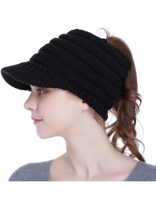 Skullies & Beanies Visor Brim BeanieTail Winter Beanie Hat Cap-Warm Stretch Knit-High Bun Messy Ponytail Beanie Hat Cap - C11...