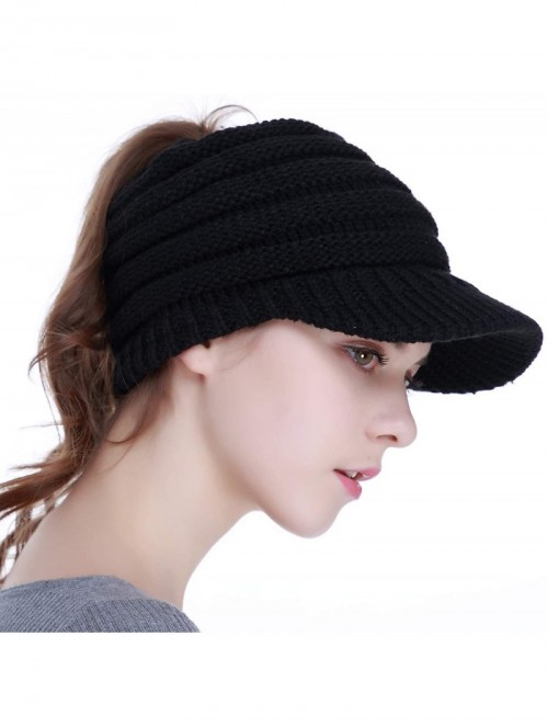 Skullies & Beanies Visor Brim BeanieTail Winter Beanie Hat Cap-Warm Stretch Knit-High Bun Messy Ponytail Beanie Hat Cap - C11...