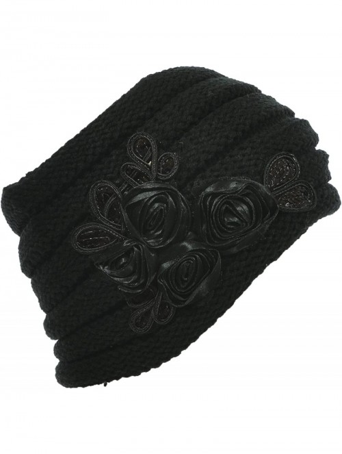 Cold Weather Headbands Women's Floral Knitted Headband Sequins Satin Headwrap - Black. - CC12GUFVZOZ $17.75