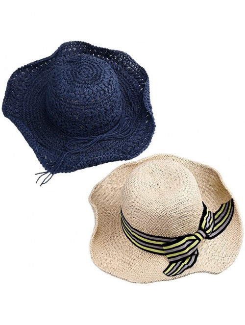 Sun Hats BMC 2pc Womens Roll Up Foldable Wide Brim Wavy Edge Straw Material Sun Hat - Set 3 - Beachy Clean - C217XWG286O $13.58
