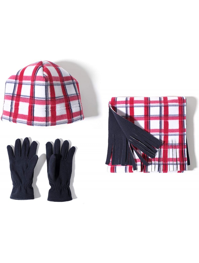 Skullies & Beanies Women Winter Fleece Beanie Gloves Scarf Set - Plaid - C718A2SUG6Q $12.71