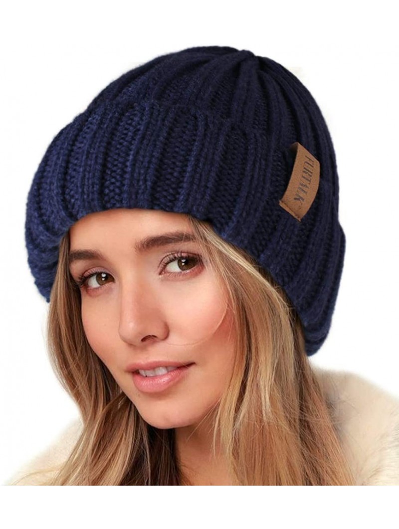 Skullies & Beanies Knit Beanie Hats for Women Men Double Layer Fleece Lined Chunky Winter Hat - Navy Blue - CJ18UYGON75 $15.73