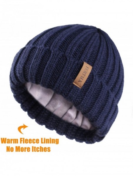 Skullies & Beanies Knit Beanie Hats for Women Men Double Layer Fleece Lined Chunky Winter Hat - Navy Blue - CJ18UYGON75 $15.73