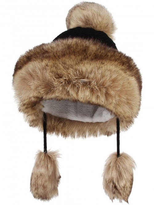 Skullies & Beanies Women Peruvian Faux Fur Knit Beanie Hat Warm Winter Fleece Lined Pompom Earflap Snow Ski Cap - Black - C21...