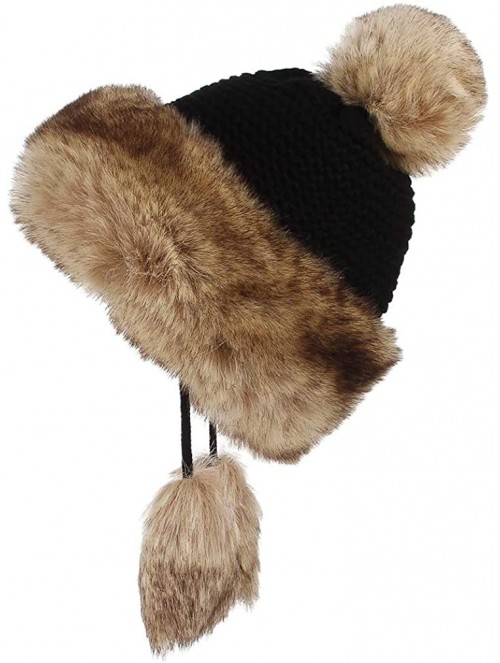 Skullies & Beanies Women Peruvian Faux Fur Knit Beanie Hat Warm Winter Fleece Lined Pompom Earflap Snow Ski Cap - Black - C21...