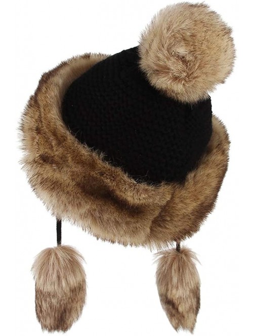 Skullies & Beanies Women Peruvian Faux Fur Knit Beanie Hat Warm Winter Fleece Lined Pompom Earflap Snow Ski Cap - Black - C21...