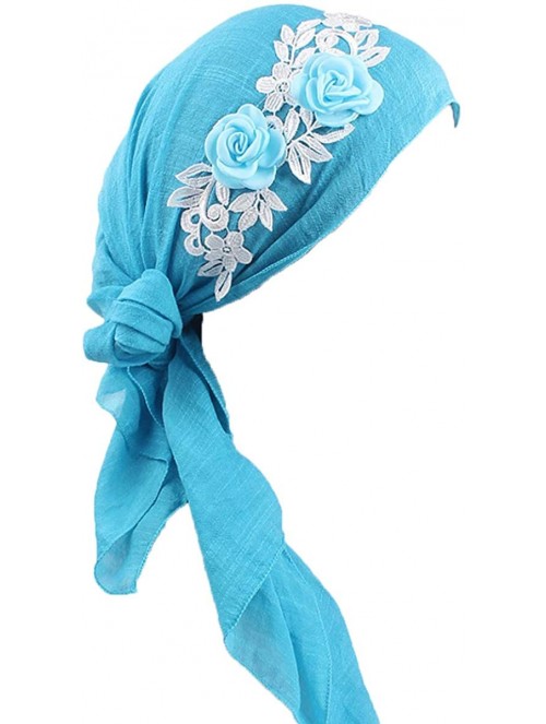 Skullies & Beanies Turban Caps Chemo Headwear Scarf Long Hair Stereo Flower Turban Scarf Cancer Hat for Women's - Lake Blue -...