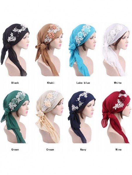 Skullies & Beanies Turban Caps Chemo Headwear Scarf Long Hair Stereo Flower Turban Scarf Cancer Hat for Women's - Lake Blue -...