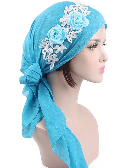 Skullies & Beanies Turban Caps Chemo Headwear Scarf Long Hair Stereo Flower Turban Scarf Cancer Hat for Women's - Lake Blue -...