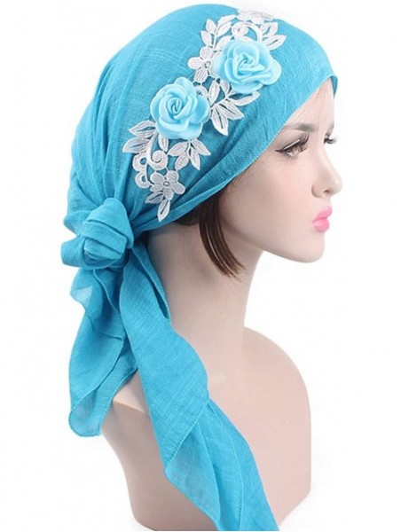 Skullies & Beanies Turban Caps Chemo Headwear Scarf Long Hair Stereo Flower Turban Scarf Cancer Hat for Women's - Lake Blue -...