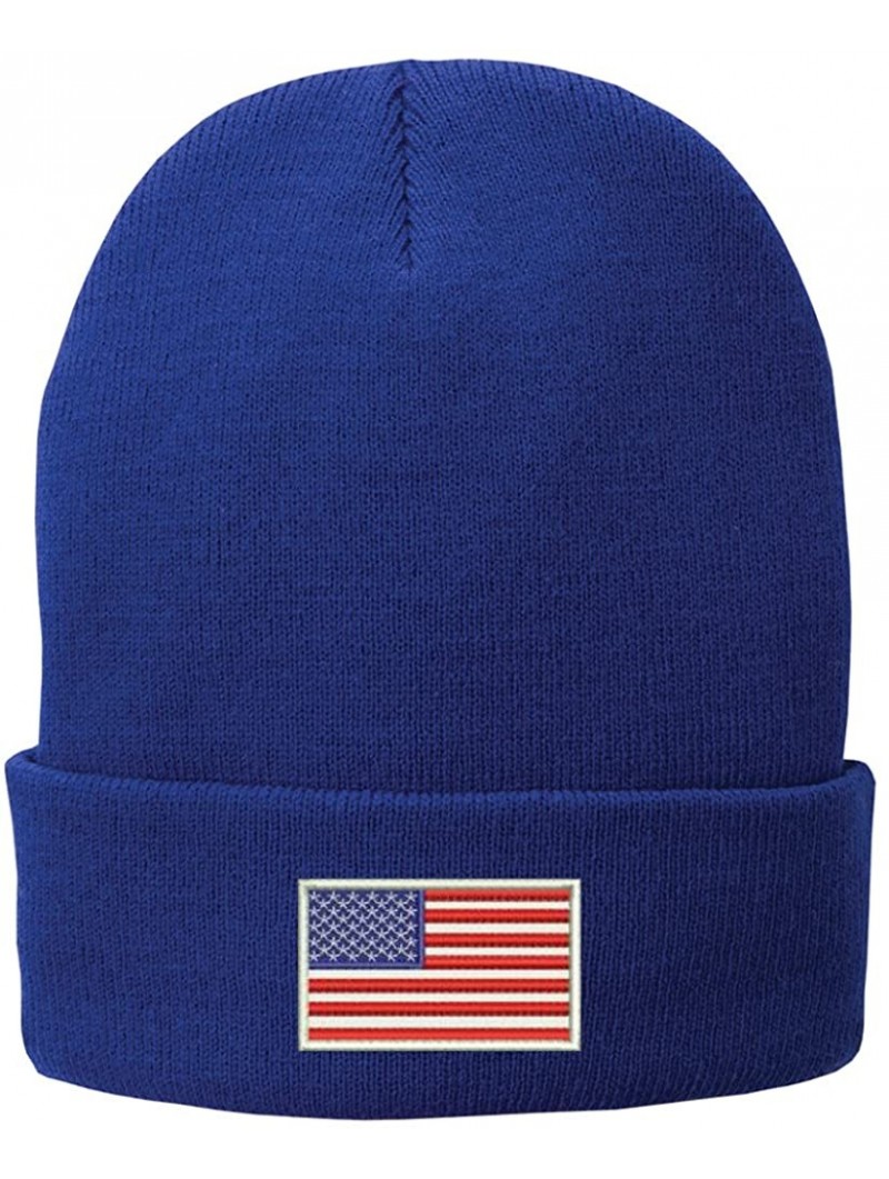 Skullies & Beanies US American Flag White Embroidered Winter Folded Long Beanie - Royal - CX12N1N7XDB $21.56