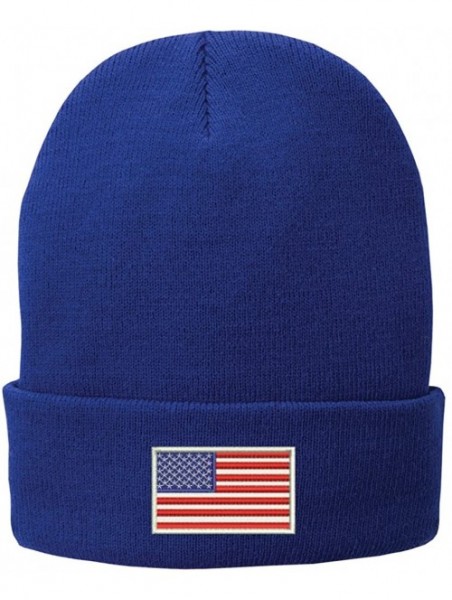 Skullies & Beanies US American Flag White Embroidered Winter Folded Long Beanie - Royal - CX12N1N7XDB $21.56