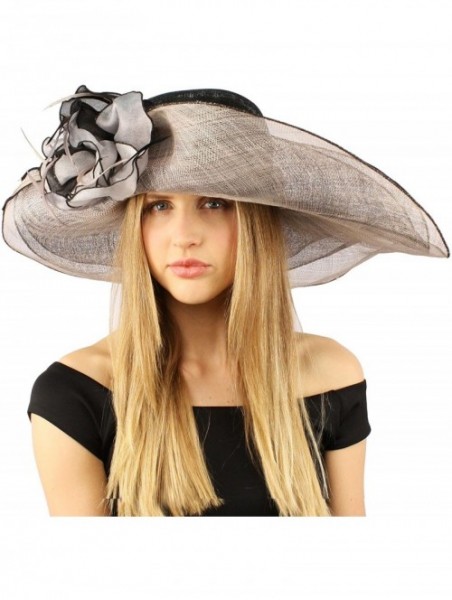 Sun Hats Summer Kentucky Derby Side Flip 7" Brim Layer Floppy Flower Feathers Hat - Black - CN11CGZO0G9 $71.74