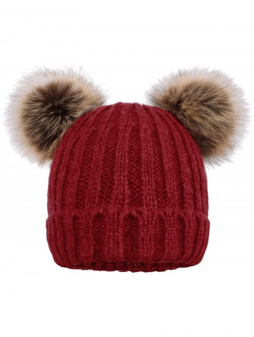Skullies & Beanies Women's Winter Knitted Faux Fur Double Pom Pom Beanie Hat w/Lush Lining - Burgundy Hat Coffee Ball - CY18K...