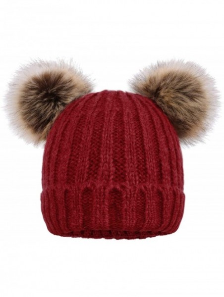 Skullies & Beanies Women's Winter Knitted Faux Fur Double Pom Pom Beanie Hat w/Lush Lining - Burgundy Hat Coffee Ball - CY18K...