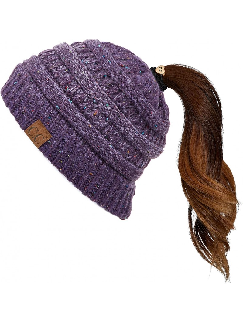 Skullies & Beanies Ribbed Confetti Knit Beanie Tail Hat for Adult Bundle Hair Tie (MB-33) - Purple Ombre - C318SI0U5AW $18.65