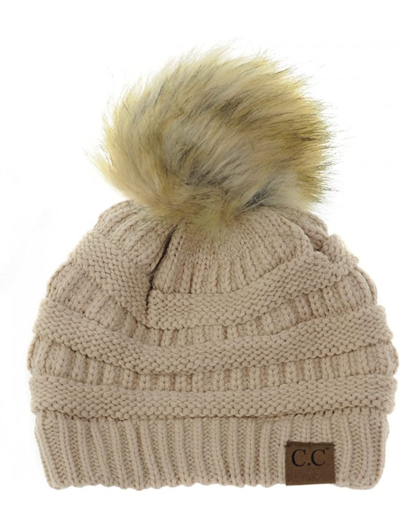 Skullies & Beanies Exclusive Soft Stretch Cable Knit Faux Fur Pom Pom Beanie Hat - Dark Beige - CX12O2HWX6R $15.95