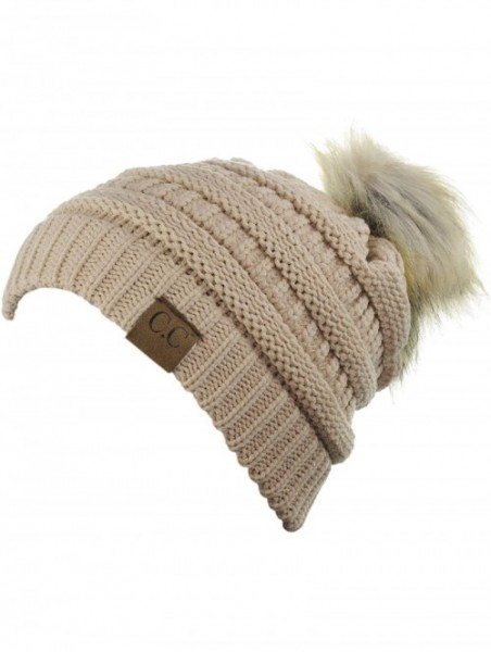 Skullies & Beanies Exclusive Soft Stretch Cable Knit Faux Fur Pom Pom Beanie Hat - Dark Beige - CX12O2HWX6R $15.95