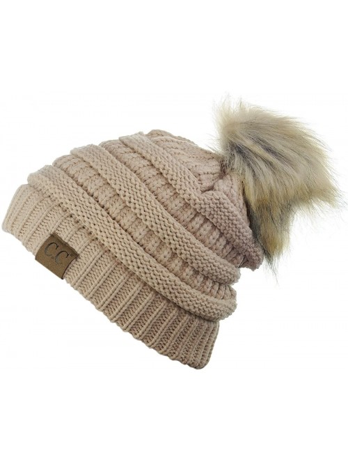 Skullies & Beanies Exclusive Soft Stretch Cable Knit Faux Fur Pom Pom Beanie Hat - Dark Beige - CX12O2HWX6R $15.95