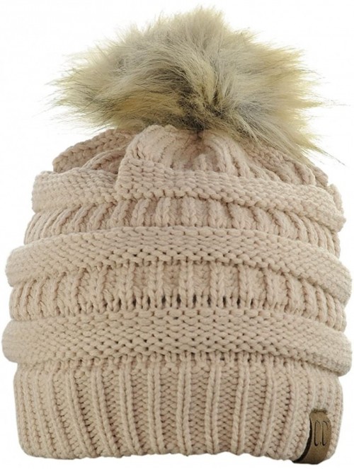 Skullies & Beanies Exclusive Soft Stretch Cable Knit Faux Fur Pom Pom Beanie Hat - Dark Beige - CX12O2HWX6R $15.95