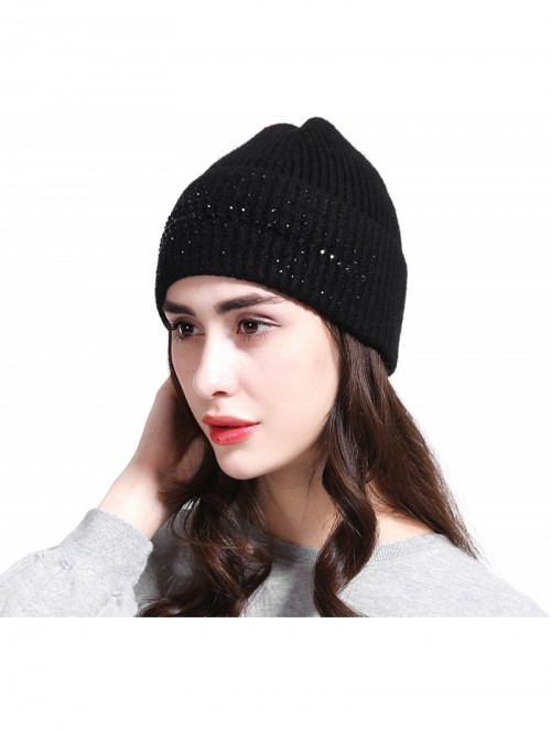 Skullies & Beanies Women's Wool Knit Fold Over Beanie Embellished with Rhinestones Winter Hat - Black - C9187GNU7C2 $13.38