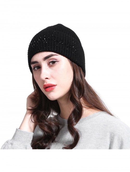 Skullies & Beanies Women's Wool Knit Fold Over Beanie Embellished with Rhinestones Winter Hat - Black - C9187GNU7C2 $13.38