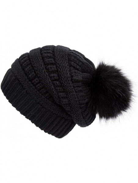 Skullies & Beanies Slouchy Winter Knit Beanie Cap Chunky Faux Fur Pom Pom Hat Bobble Ski Cap - Black 02 - C018ROOO7C7 $13.82