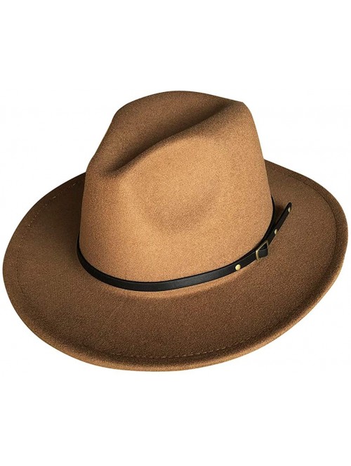 Fedoras Womens Classic Wide Brim Floppy Panama Hat Belt Buckle Fedora Hat - Brown - CQ18AK2ATZ3 $16.95