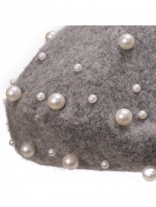 Berets Sweet French Womens Pearl Beaded 100% Wool Beret Cap Winter Hat Y91 - Gray - CB189HQK0NX $13.91