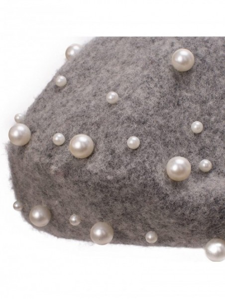 Berets Sweet French Womens Pearl Beaded 100% Wool Beret Cap Winter Hat Y91 - Gray - CB189HQK0NX $13.91