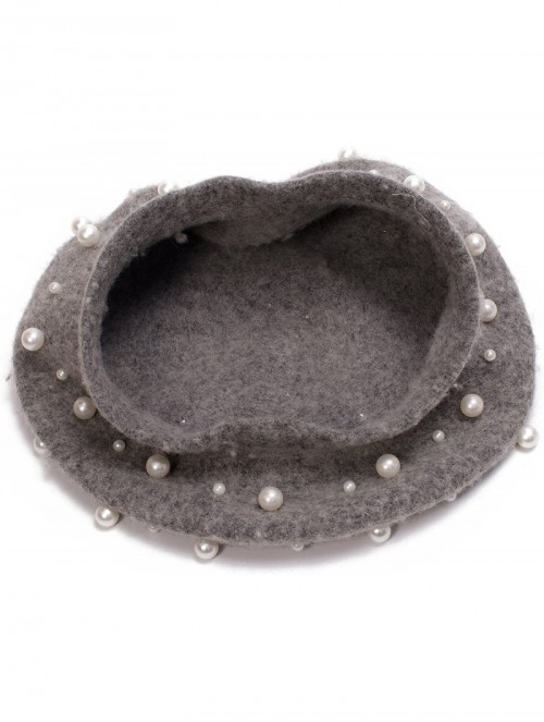 Berets Sweet French Womens Pearl Beaded 100% Wool Beret Cap Winter Hat Y91 - Gray - CB189HQK0NX $13.91