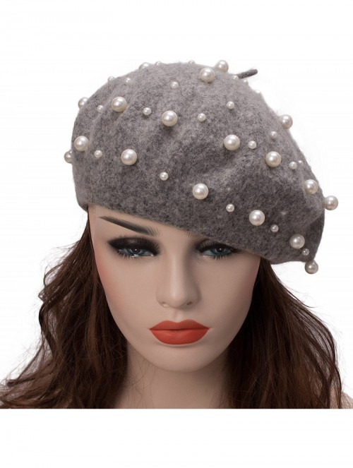 Berets Sweet French Womens Pearl Beaded 100% Wool Beret Cap Winter Hat Y91 - Gray - CB189HQK0NX $13.91