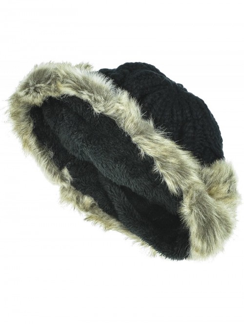 Skullies & Beanies Women's Knitted Hat Faux Fur Lined Trim Cable Winter Beanie - Black - CG12N2PX0JD $17.88