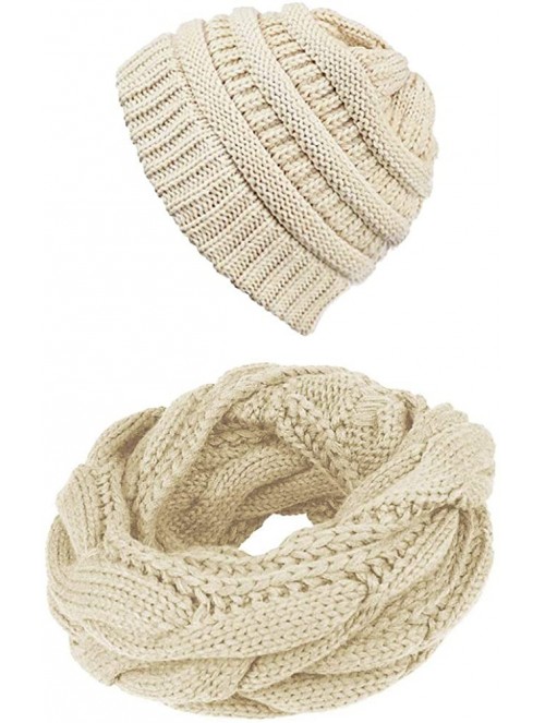 Skullies & Beanies Knit Infinity Scarf Beanie Hat Set Women Winter Circle Loop Scarfs Scarves - Beige - C218UCKZ95U $17.59