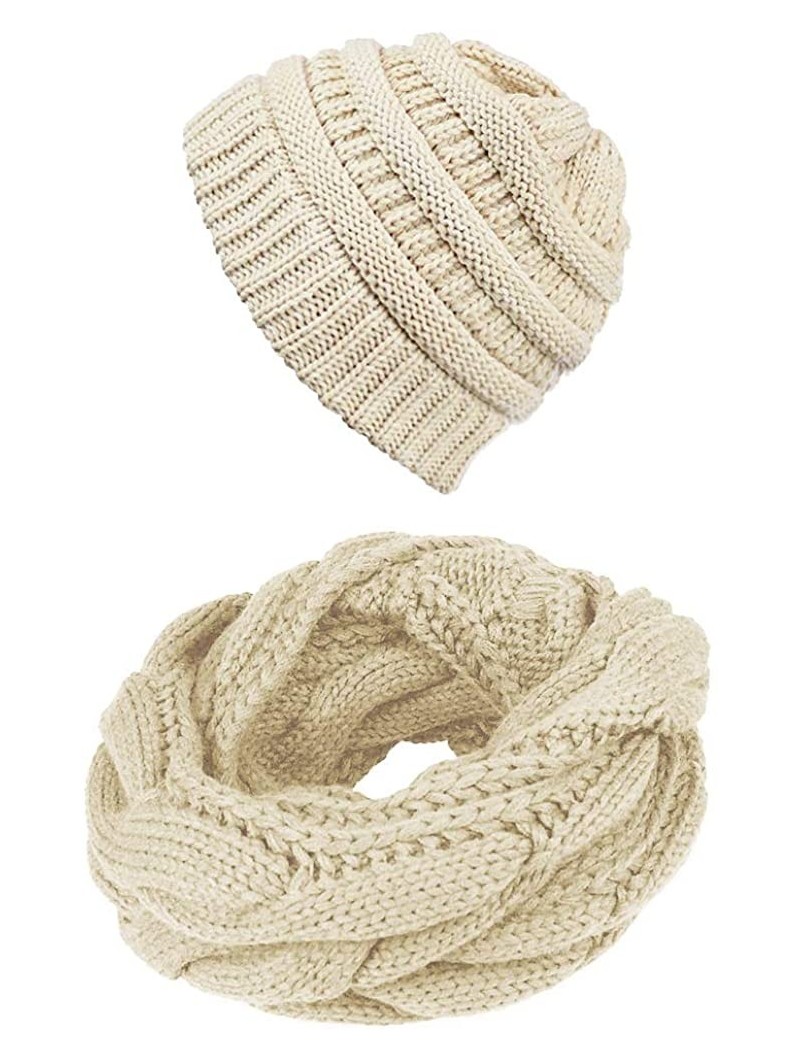 Skullies & Beanies Knit Infinity Scarf Beanie Hat Set Women Winter Circle Loop Scarfs Scarves - Beige - C218UCKZ95U $17.59